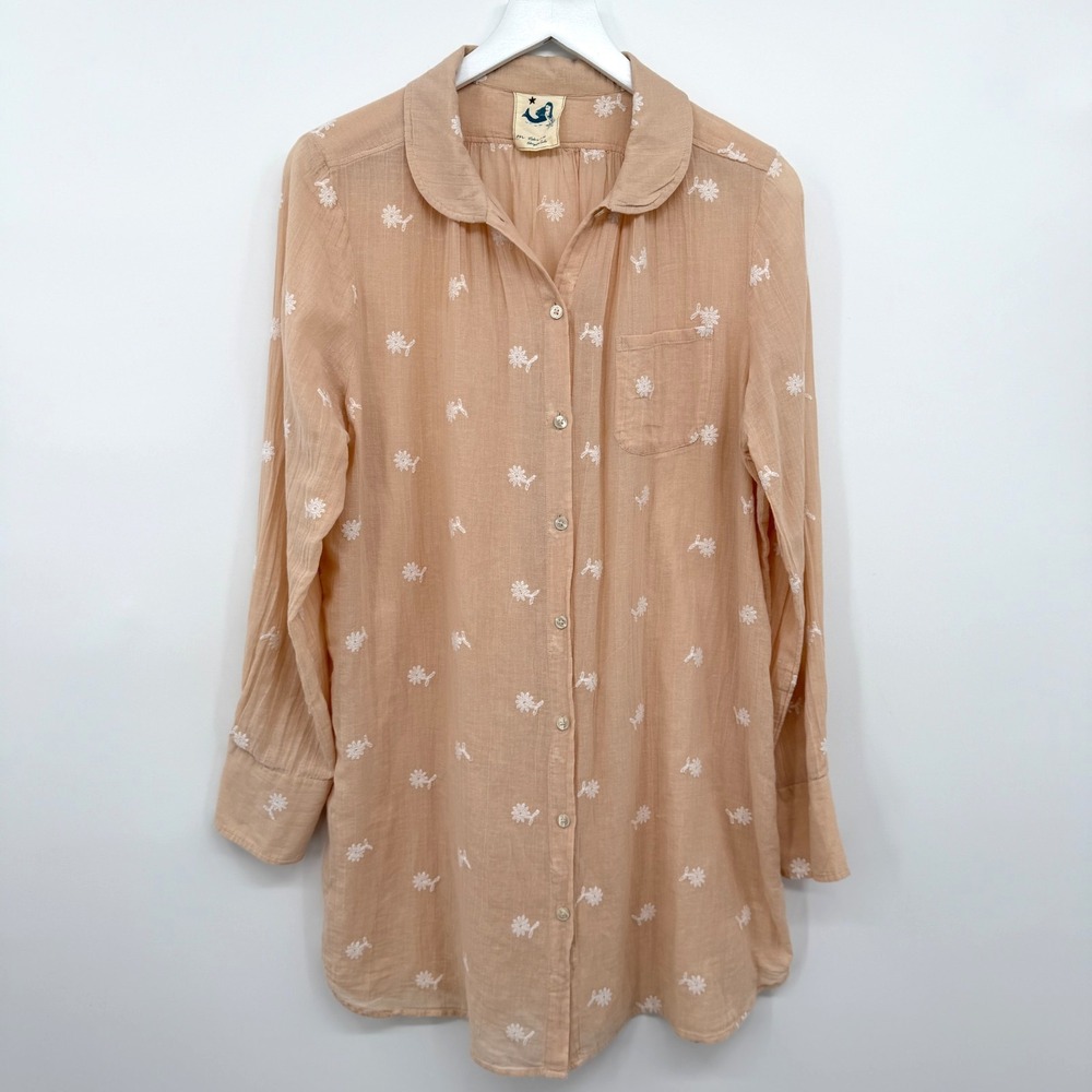Anthropologie Mermaid Tunic Top Medium Cover Up Embroidered Sheer Coastal Beachy